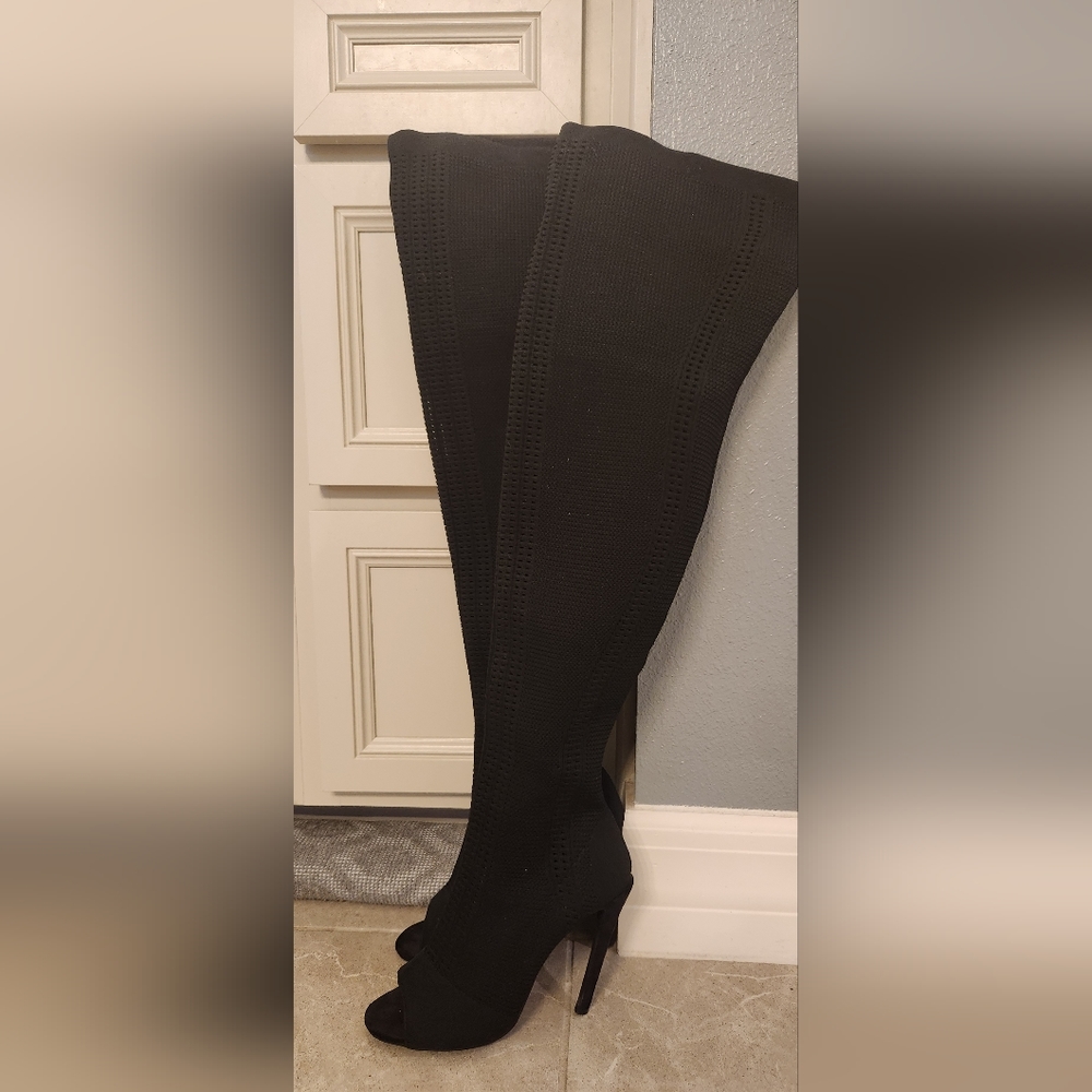 Thigh high knit maxi  peep toe boots